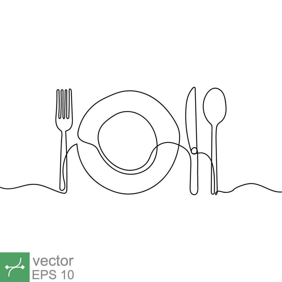 Continuous line drawing of plate, knife, and fork. Minimalism hand drawn one line art minimalist. Vector illustration isolated on white background. EPS 10.