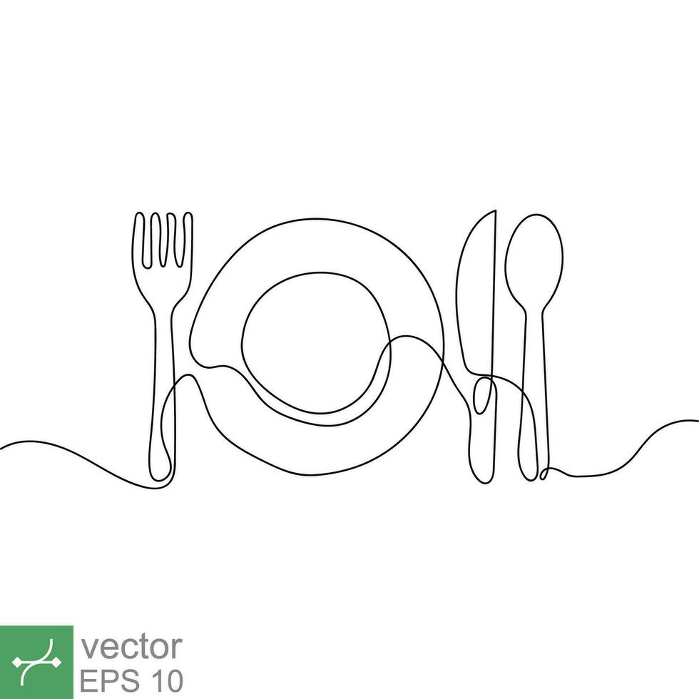 Continuous line drawing of plate, knife, and fork. Minimalism hand drawn one line art minimalist. Vector illustration isolated on white background. EPS 10.