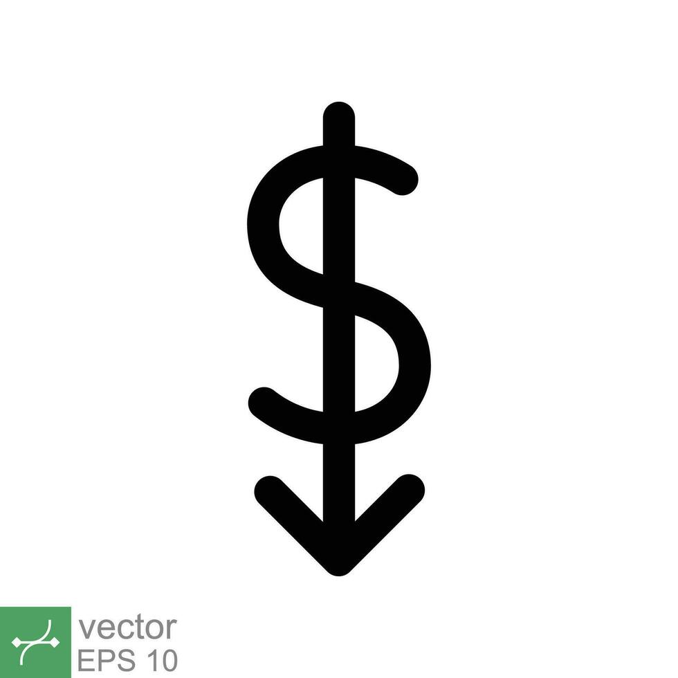 costo reducción icono. sencillo sólido estilo. dólar bajo, abajo, dinero con flecha, finanzas, inversión, negocio concepto diseño. glifo vector ilustración aislado en blanco antecedentes. eps 10