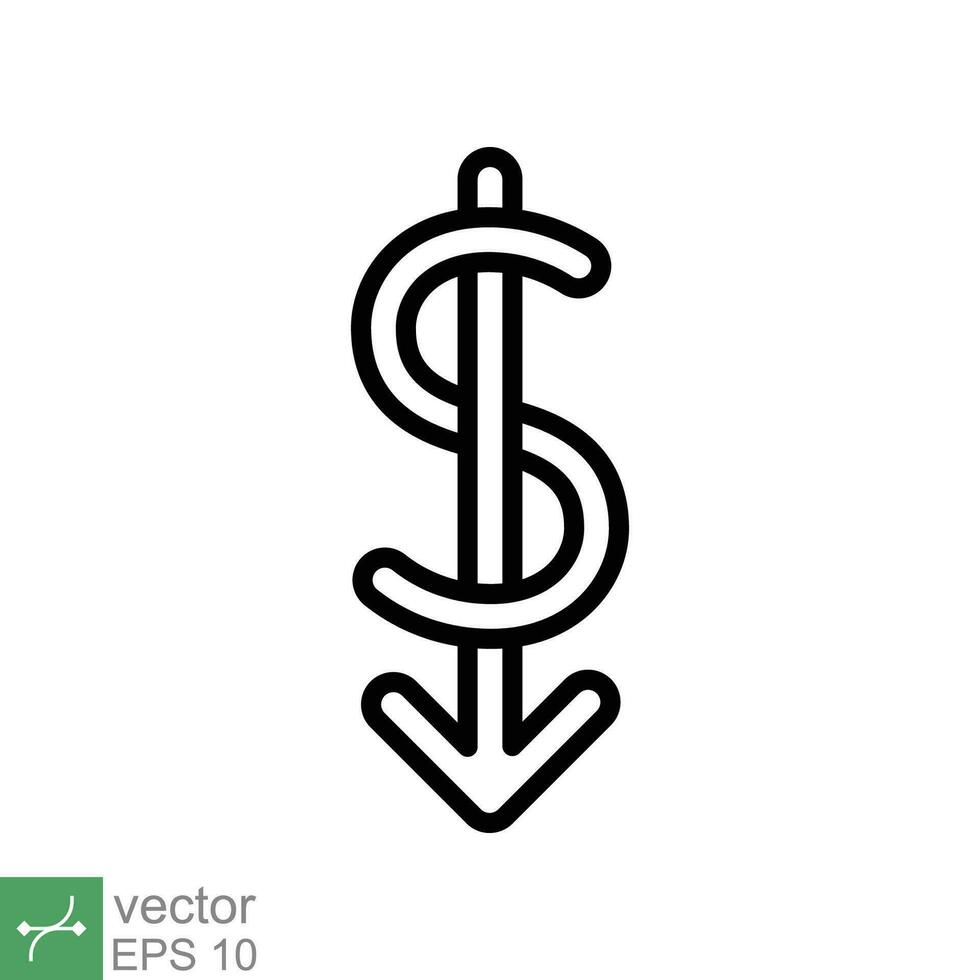 costo reducción icono. sencillo contorno estilo. dólar bajo, abajo, dinero con flecha, finanzas, inversión, negocio concepto diseño. Delgado línea vector ilustración aislado en blanco antecedentes. eps 10