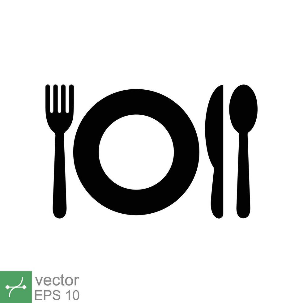 Plate, fork, knife, and spoon icon. Simple flat style. Meal, eat, lunch, dinner, dish, food, tableware, utensil  concept design. Vector illustration isolated on white background. EPS 10.