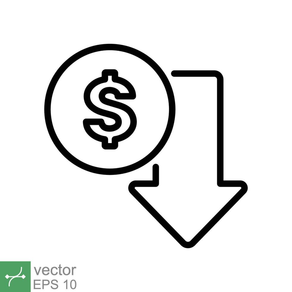 costo reducción icono. sencillo contorno estilo. dólar bajo, abajo, dinero con flecha, finanzas, inversión, negocio concepto diseño. Delgado línea vector ilustración aislado en blanco antecedentes. eps 10