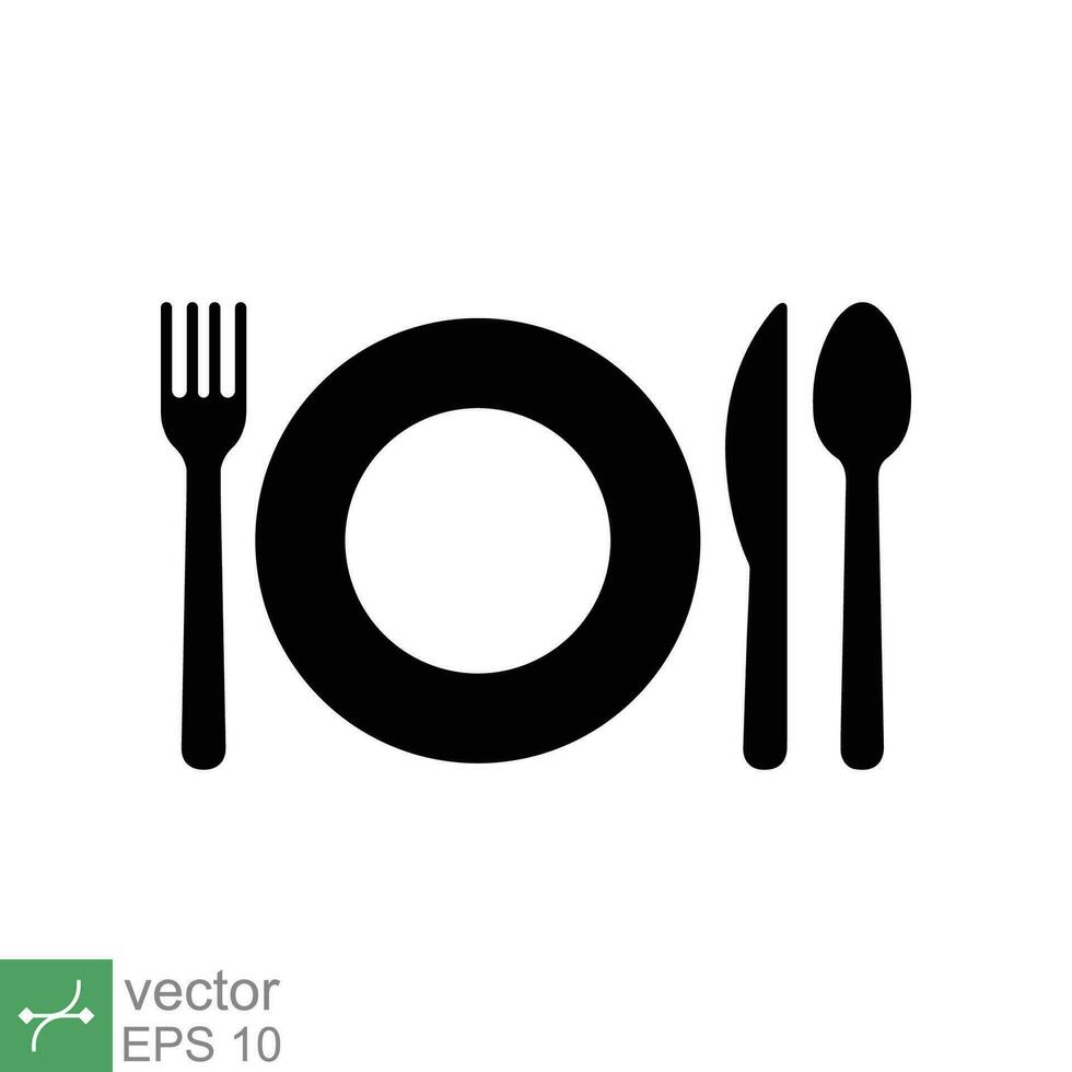 Plate, fork, knife, and spoon icon. Simple flat style. Meal, eat, lunch, dinner, dish, food, tableware, utensil  concept design. Vector illustration isolated on white background. EPS 10.