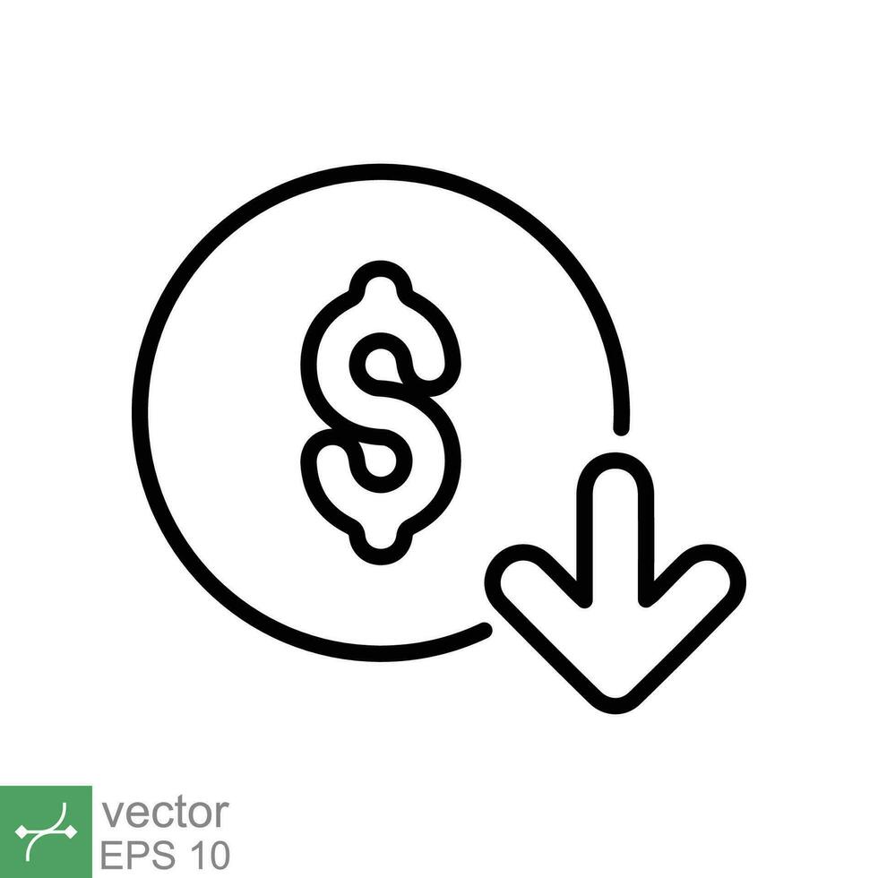 costo reducción icono. sencillo contorno estilo. dólar bajo, abajo, dinero con flecha, finanzas, inversión, negocio concepto diseño. Delgado línea vector ilustración aislado en blanco antecedentes. eps 10