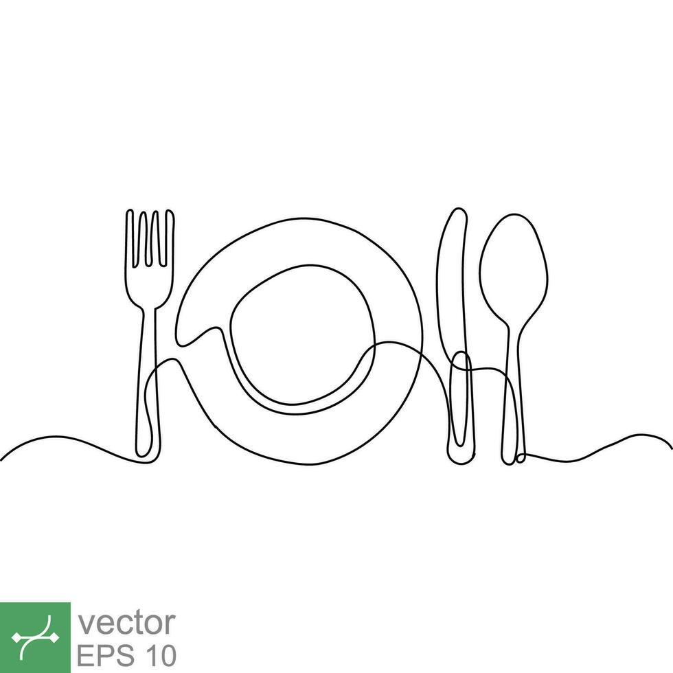 Continuous line drawing of plate, knife, and fork. Minimalism hand drawn one line art minimalist. Vector illustration isolated on white background. EPS 10.