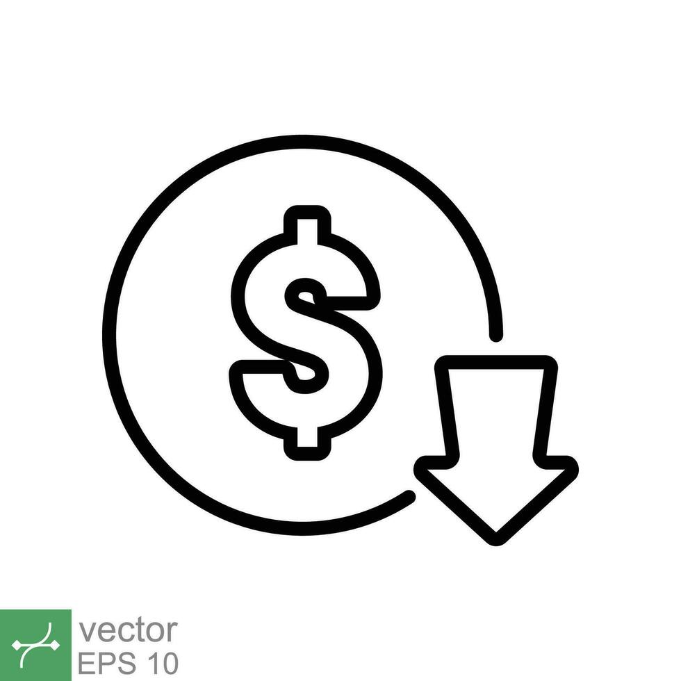 costo reducción icono. sencillo contorno estilo. dólar bajo, abajo, dinero con flecha, finanzas, inversión, negocio concepto diseño. Delgado línea vector ilustración aislado en blanco antecedentes. eps 10