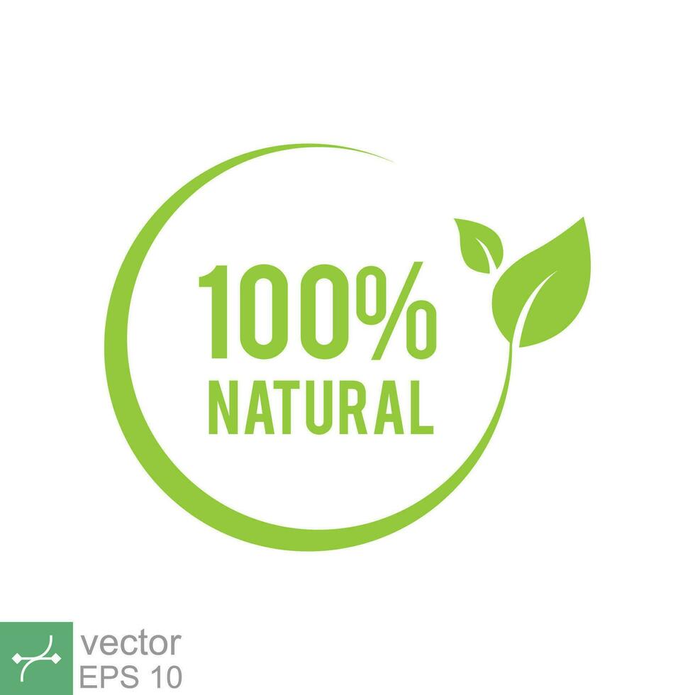 Natural leaf icon. Simple flat style. 100 percent naturals, green eco circle badge with leaves, logo, emblem, vegetarian, environment concept. Single illustration isolated on white background. EPS 10. vector