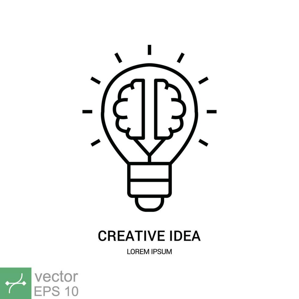 creativo idea icono. sencillo contorno estilo. cerebro en bombilla, plano firmar, mente, innovación, solución, educación concepto. Delgado línea vector ilustración aislado en blanco antecedentes. eps 10