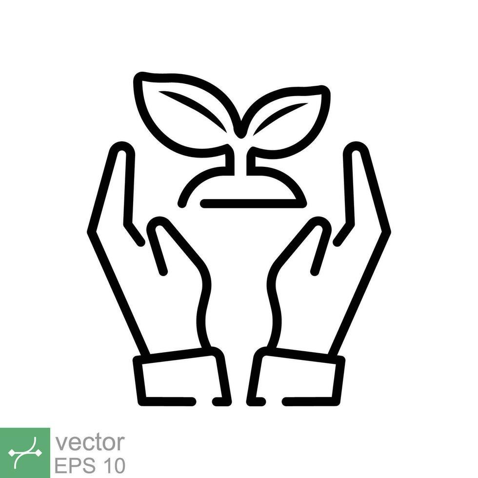 Eco friendly icon. Simple outline style. Environment protection, plant on hand, nature, leaf shoots signatures, ecology support concept. Line vector illustration isolated on white background. EPS 10.