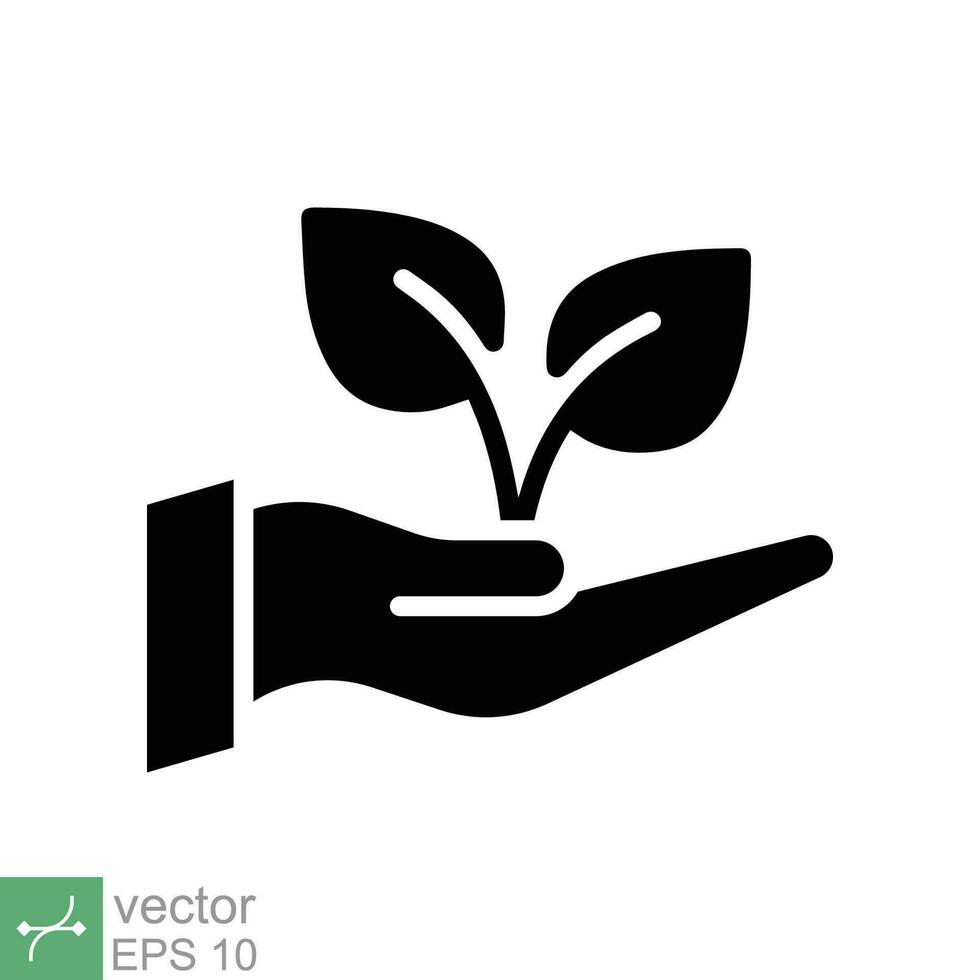 Eco friendly icon. Simple solid style. Environment protection, plant on hand, nature, leaf shoots signatures, ecology support concept. Glyph vector illustration isolated on white background. EPS 10.