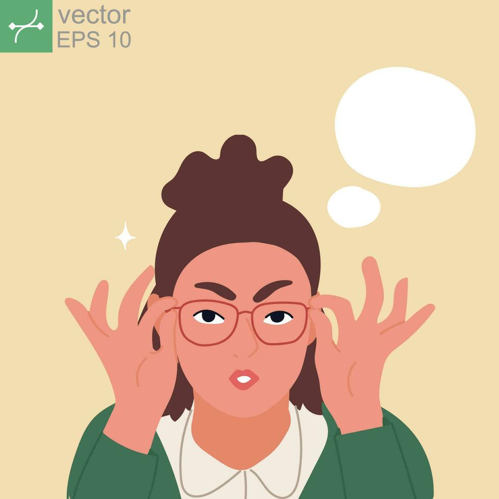 Doubt and worry. Curious person, angry expression. Something went wrong. Businesswoman lifting glasses frame. Flat cartoon vector illustration. Hand drawn style vector design illustrations. EPS 10.