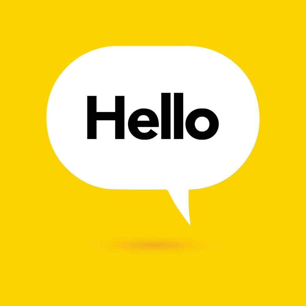 Hi, hello icon. Speech bubble, poster and sticker concept with tex, funny sign. White bubble message on bright yellow background. Vector illustration isolated design. EPS 10.