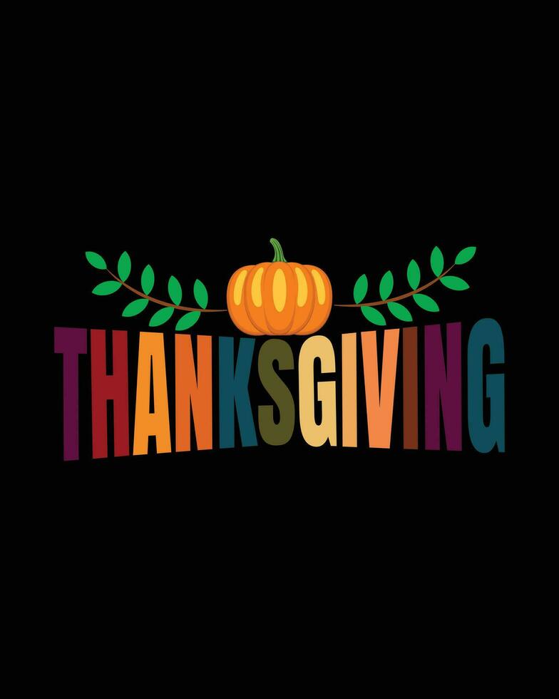 Happy Thanksgiving hand lettering. Handwritten text on black background with leafs and pumpkin. Vector illustration.