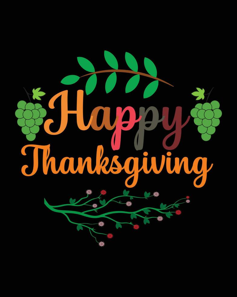 Happy Thanksgiving hand lettering. Handwritten text on black background with leafs and pumpkin. Vector illustration.