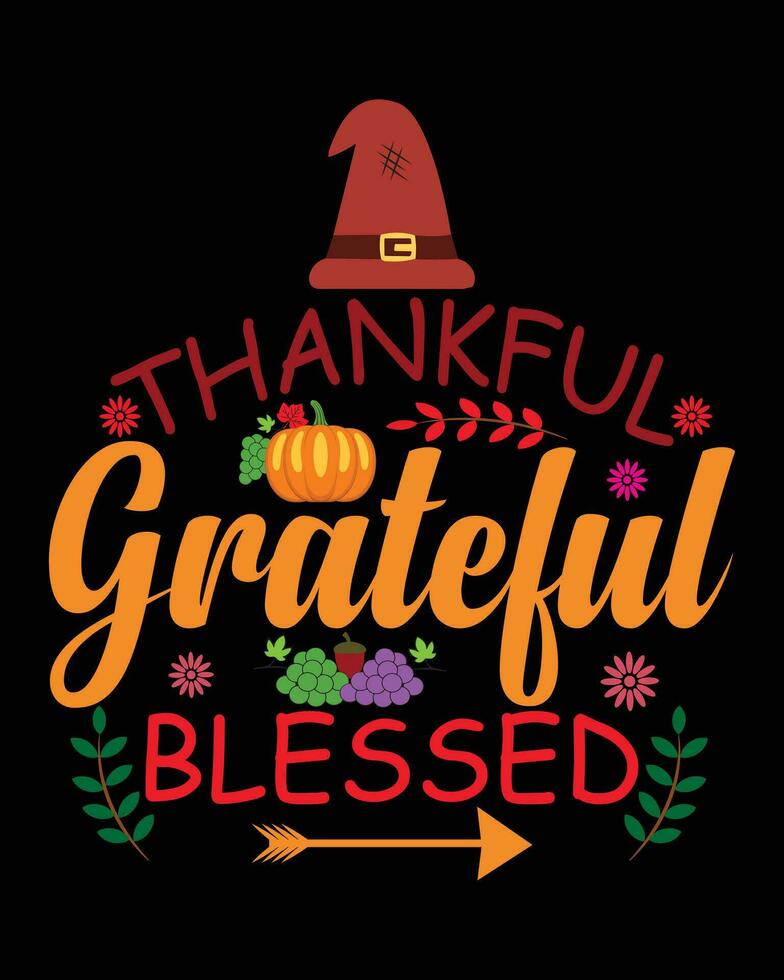 Happy Thanksgiving hand lettering. Handwritten text on black background with leafs and pumpkin. Vector illustration.