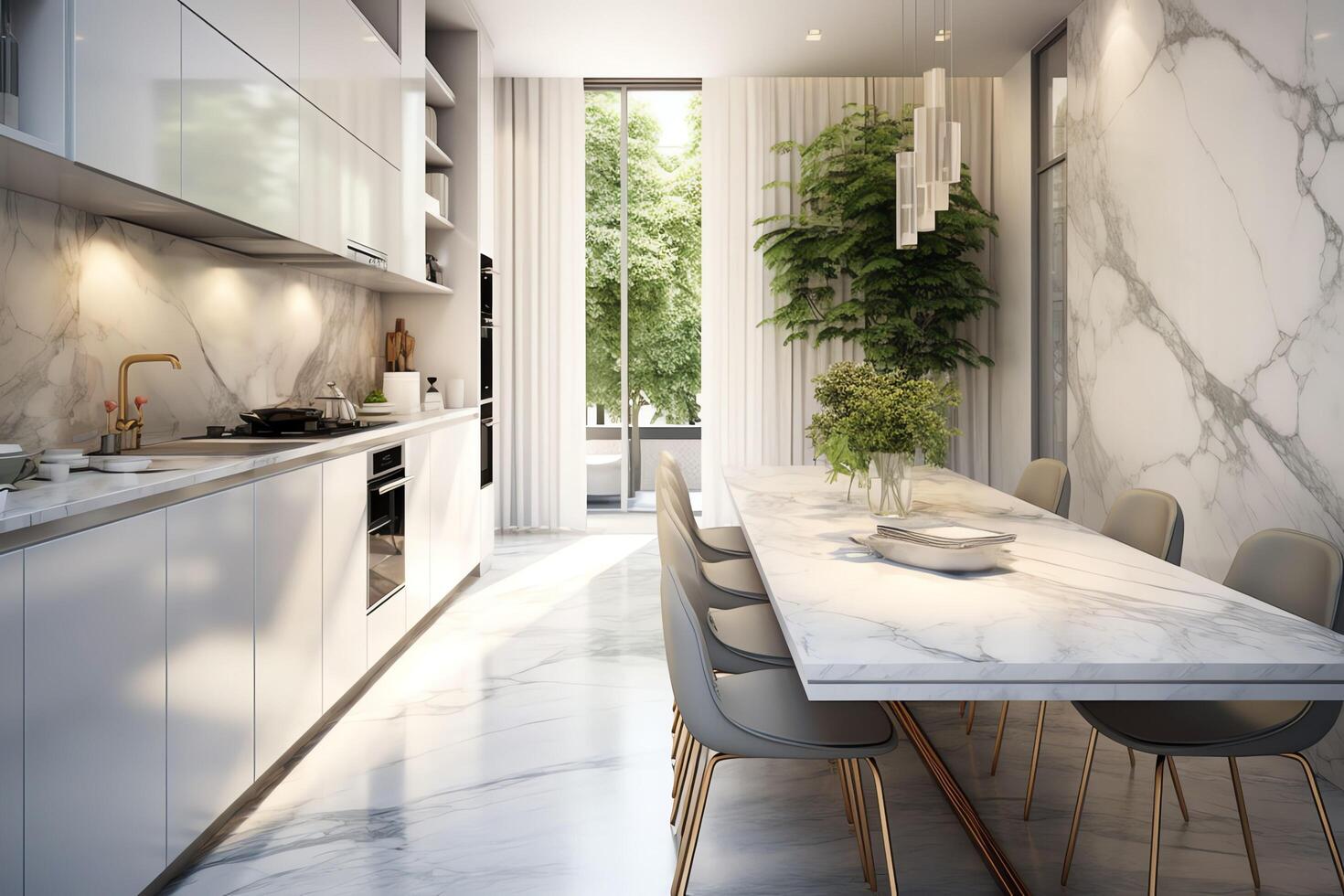 moderno cocina interior diseño en Departamento o casa con mueble. lujo cocina hogar escandinavo concepto por ai generado foto