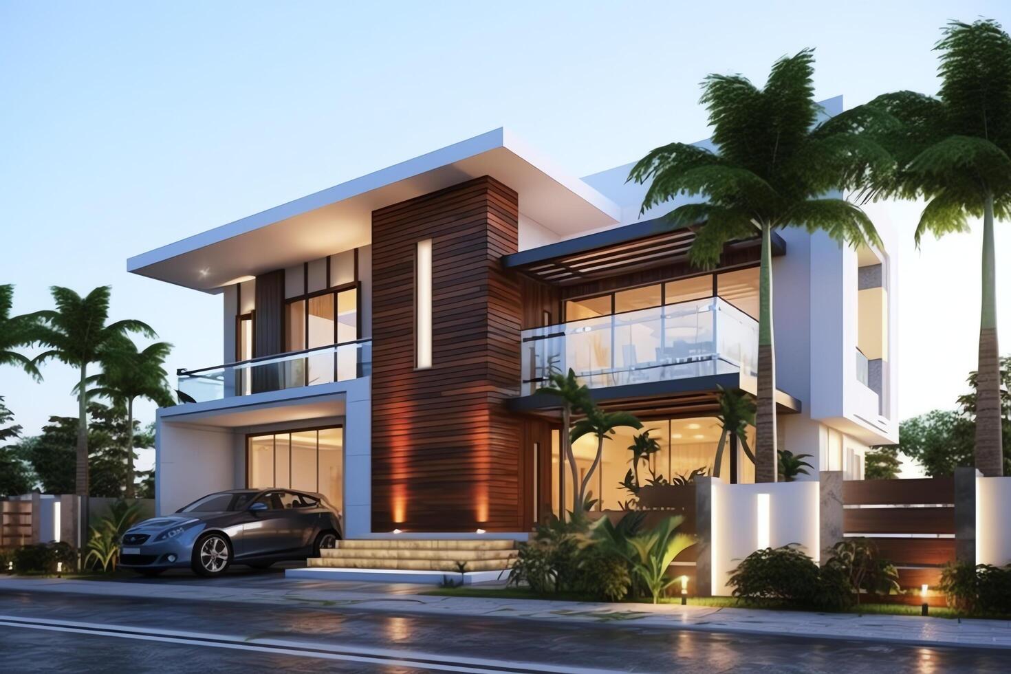 Beautiful modern house exterior with carport. Modern residential district and minimalist building concept by photo