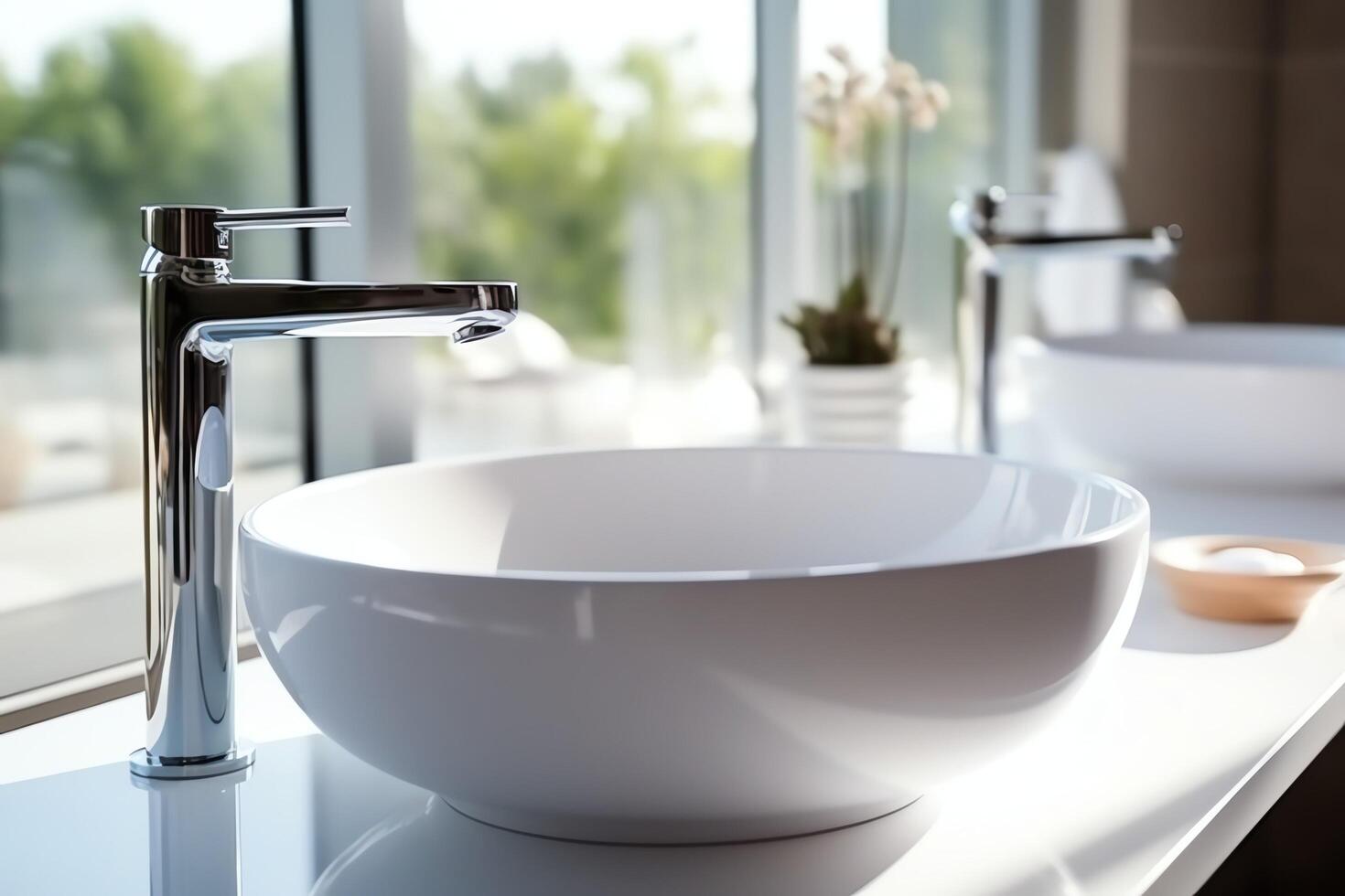 Modern public bathroom with row of white ceramic wash sink basins and faucet with mirror in restroom concept by photo