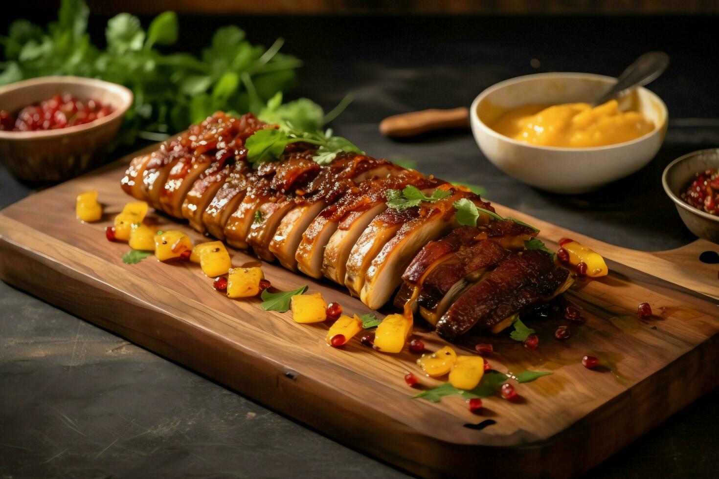 Pork belly braaivleis with mango and chili sauce served on a wooden plank. Restaurant food concept by AI Generated photo