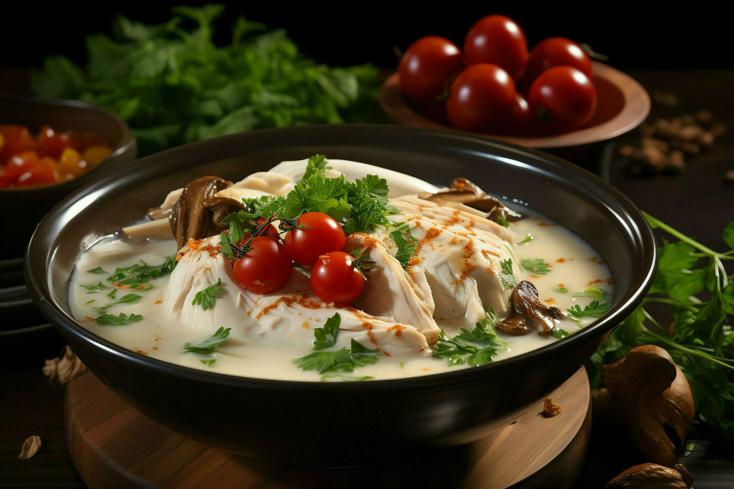A delicious chicken soup food with vegetables in a bowl. Winter food and high protein soup meal concept by AI Generated photo