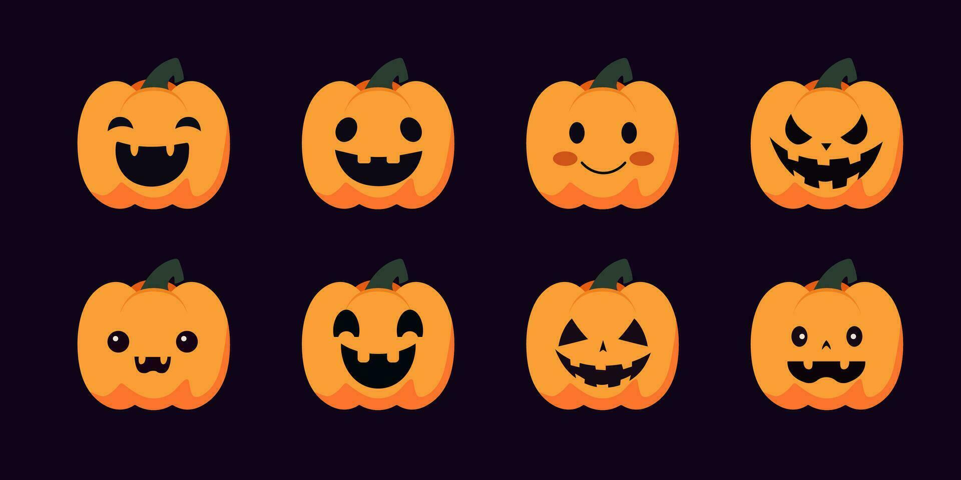 Set of cute, lovely cartoon pumpkin lantern with smile face for Halloween celebration. vector