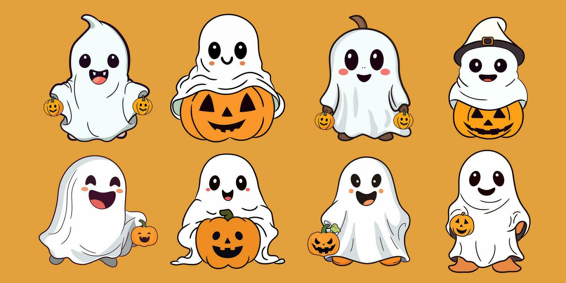 Cute cartoon Halloween ghost carrying pumpkin Jack-o'-lantern. vector