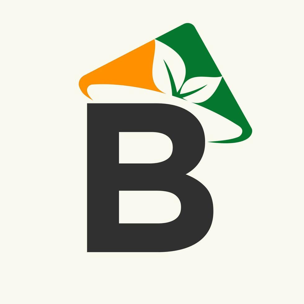 Agriculture Logo On Letter B Concept With Farmer Hat Icon. Farming Logotype Template vector