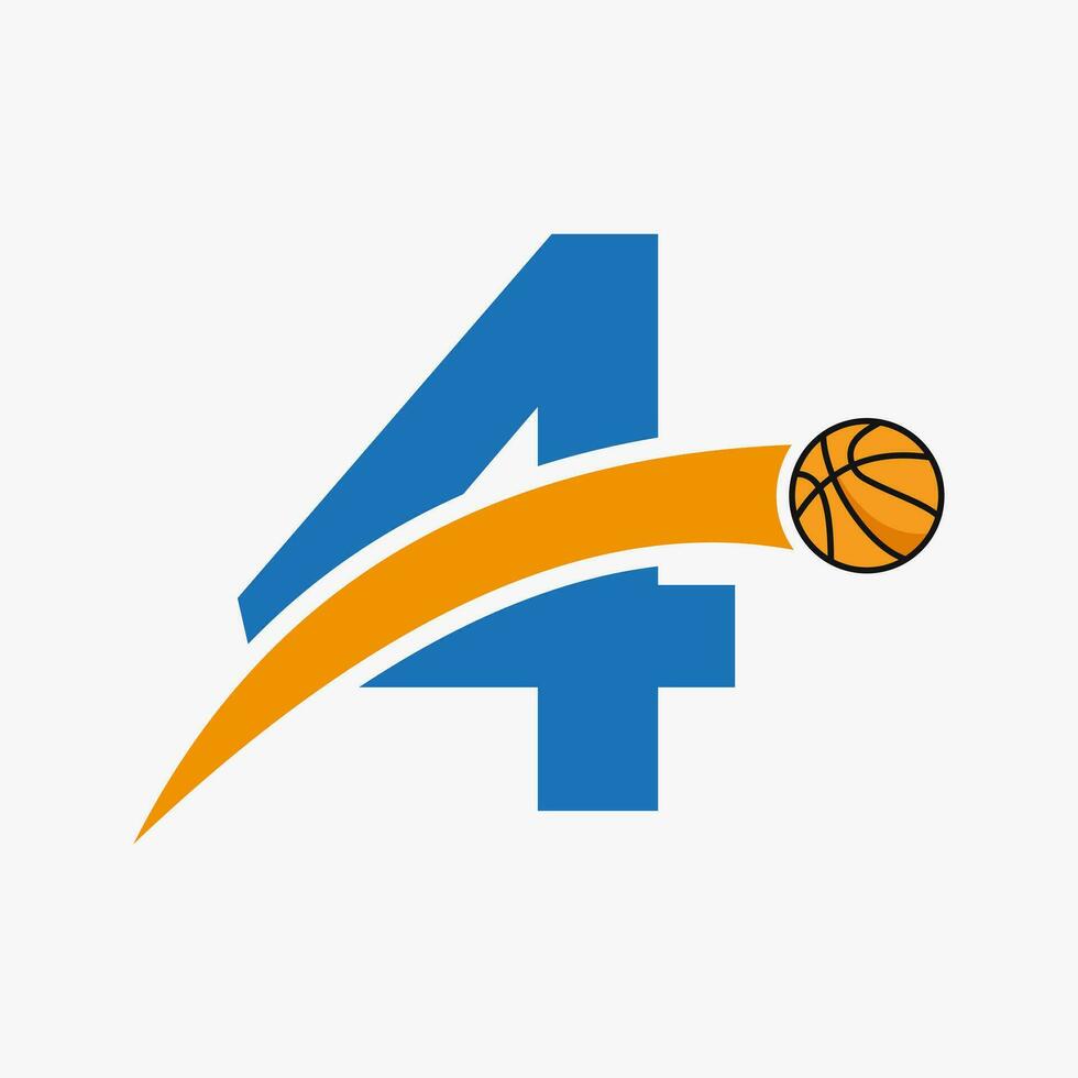 Basketball Logo On Letter 4 With Moving Basketball Icon. Basket Ball Logotype Symbol vector