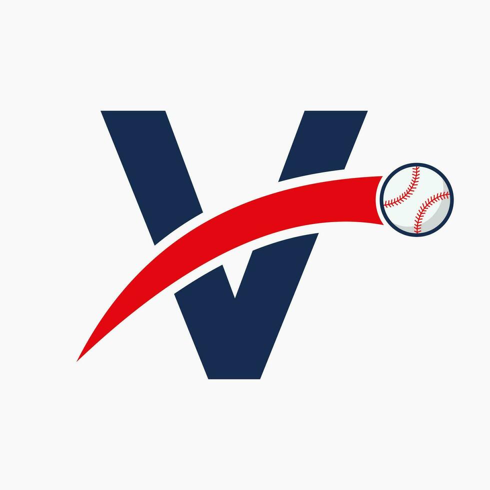 béisbol logo en letra v con Moviente béisbol icono. béisbol logotipo modelo vector