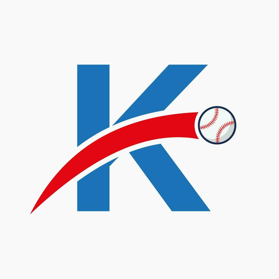 béisbol logo en letra k con Moviente béisbol icono. béisbol logotipo modelo vector