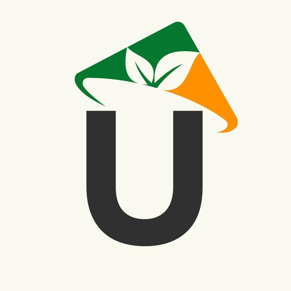 Agriculture Logo On Letter U Concept With Farmer Hat Icon. Farming Logotype Template vector
