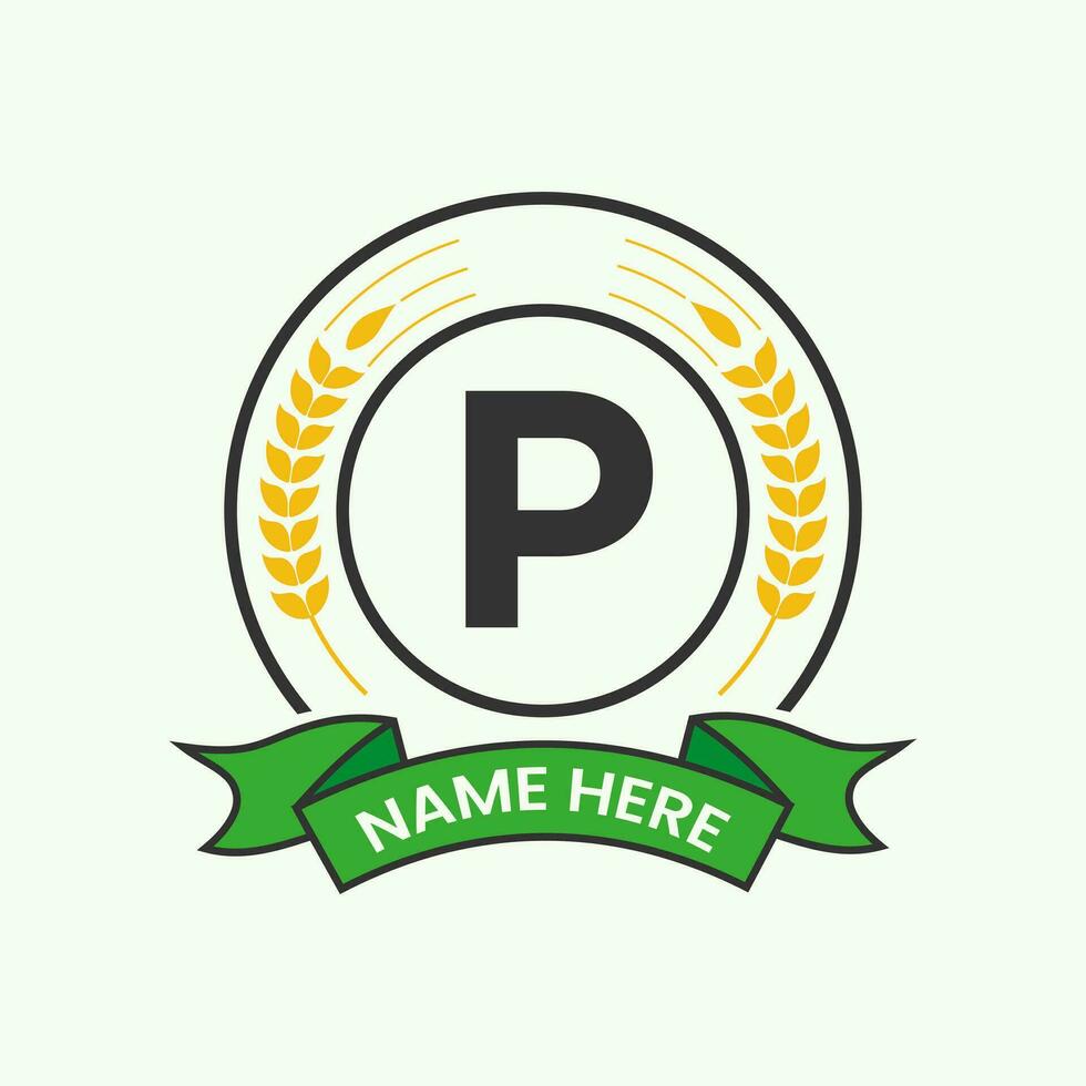Agriculture Logo On Letter P Concept. Agro Farming Logotype for Bakery, Bread, Cake, Cafe, Pastry Identity vector