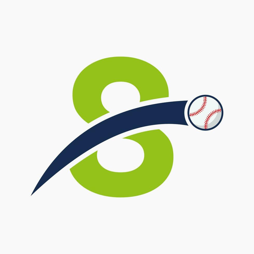 béisbol logo en letra 8 con Moviente béisbol icono. béisbol logotipo modelo vector