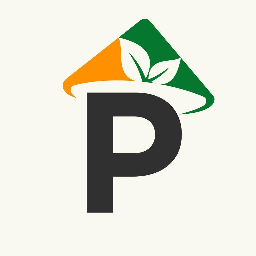 Agriculture Logo On Letter P Concept With Farmer Hat Icon. Farming Logotype Template vector