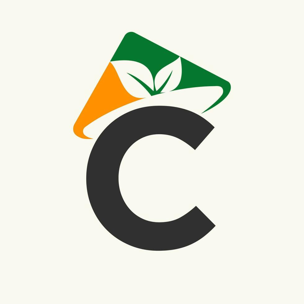 Agriculture Logo On Letter C Concept With Farmer Hat Icon. Farming Logotype Template vector