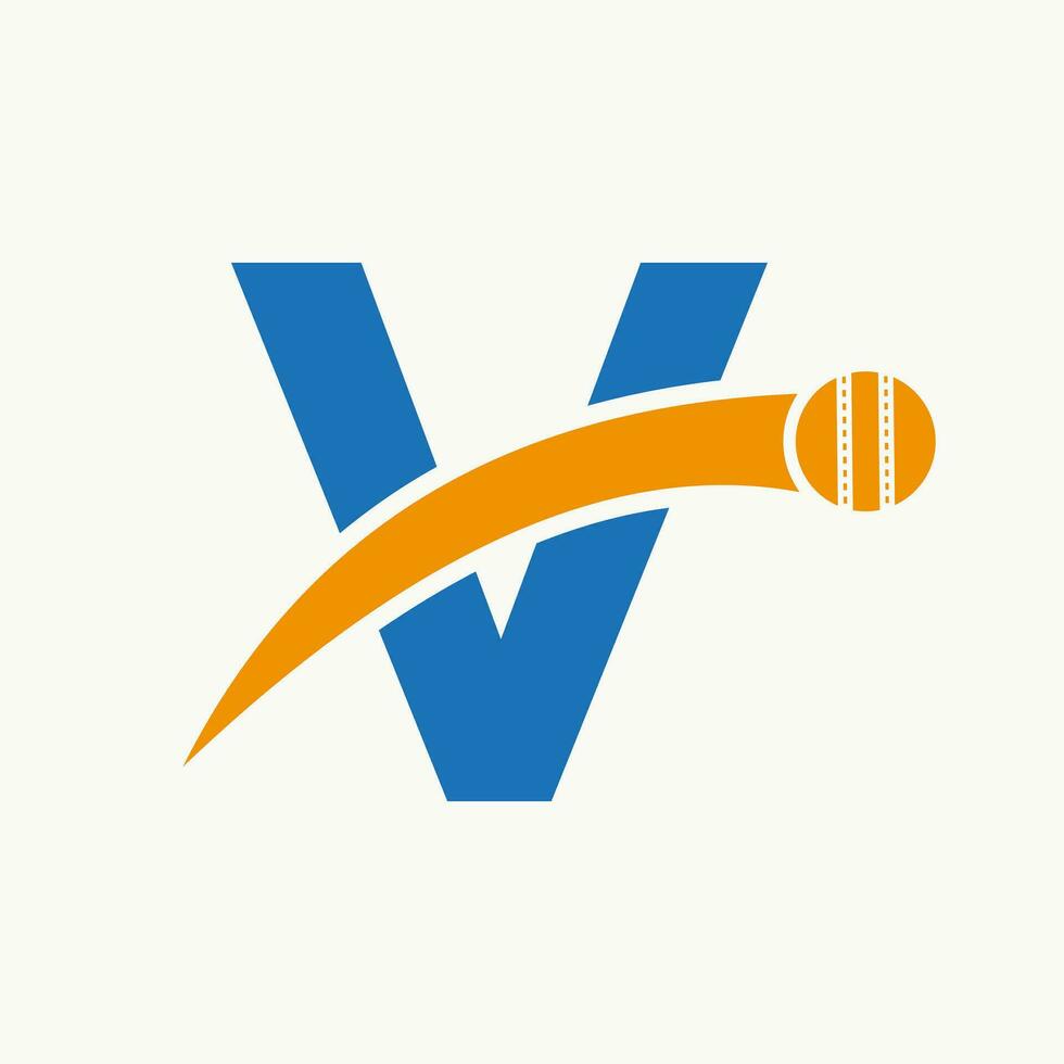 Cricket Logo On Letter V With Moving Cricket Ball Icon. Cricket Ball Logo Template vector