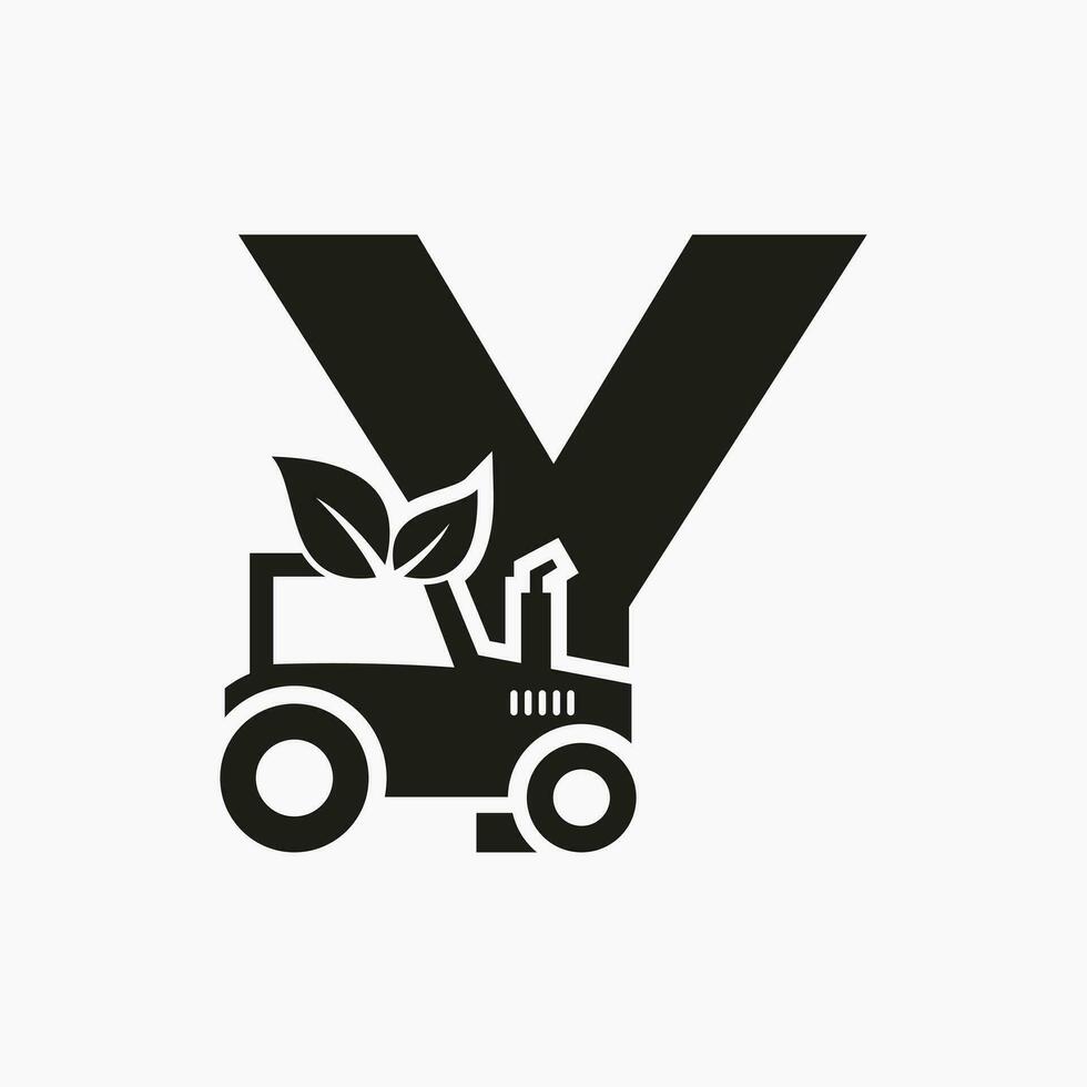 Letter Y Agriculture Logo Concept With Tractor Icon Vector Template. Eco Farm Symbol