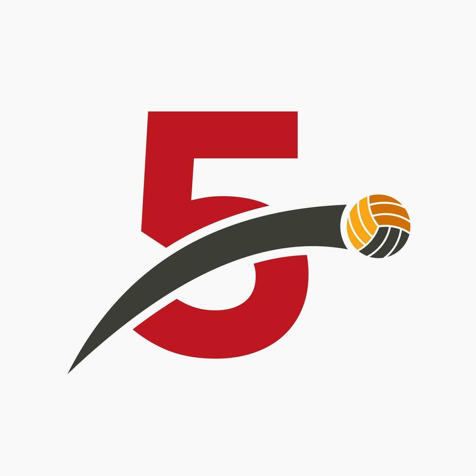 Volleyball Logo On Letter 5 With Moving Volleyball Ball Icon. Volley Ball Symbol vector