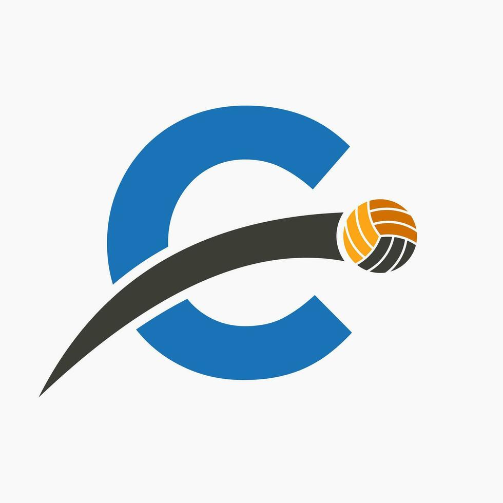 Volleyball Logo On Letter C With Moving Volleyball Ball Icon. Volley Ball Symbol vector