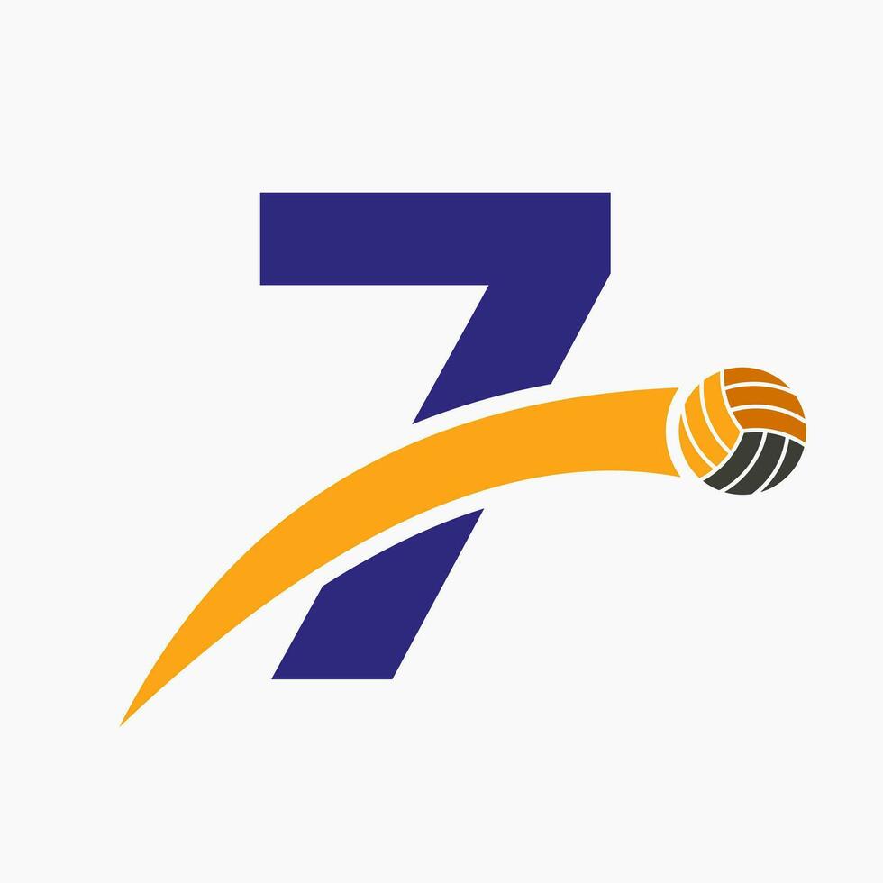 Volleyball Logo On Letter 7 With Moving Volleyball Ball Icon. Volley Ball Symbol vector