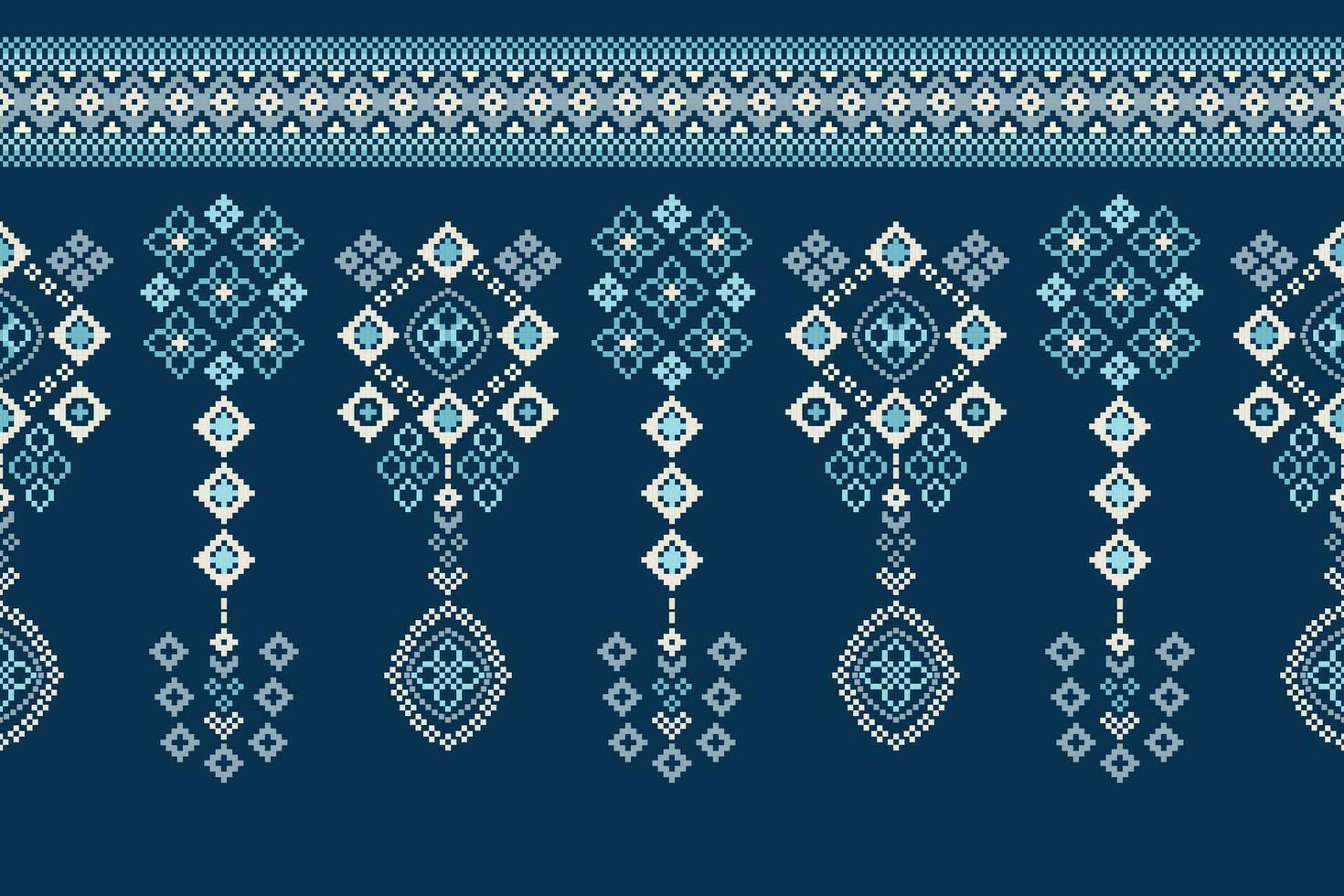 Ethnic geometric fabric pattern Cross Stitch.Ikat embroidery Ethnic oriental Pixel pattern navy blue background. Abstract,vector,illustration. Texture,clothing,frame,decoration,motifs,silk wallpaper. vector
