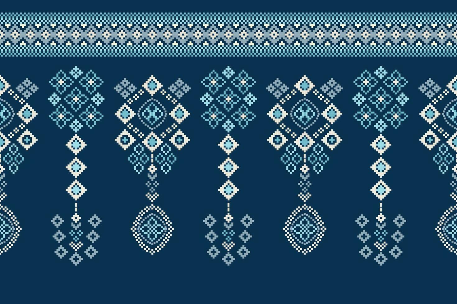 Ethnic geometric fabric pattern Cross Stitch.Ikat embroidery Ethnic oriental Pixel pattern navy blue background. Abstract,vector,illustration. Texture,clothing,frame,decoration,motifs,silk wallpaper. vector