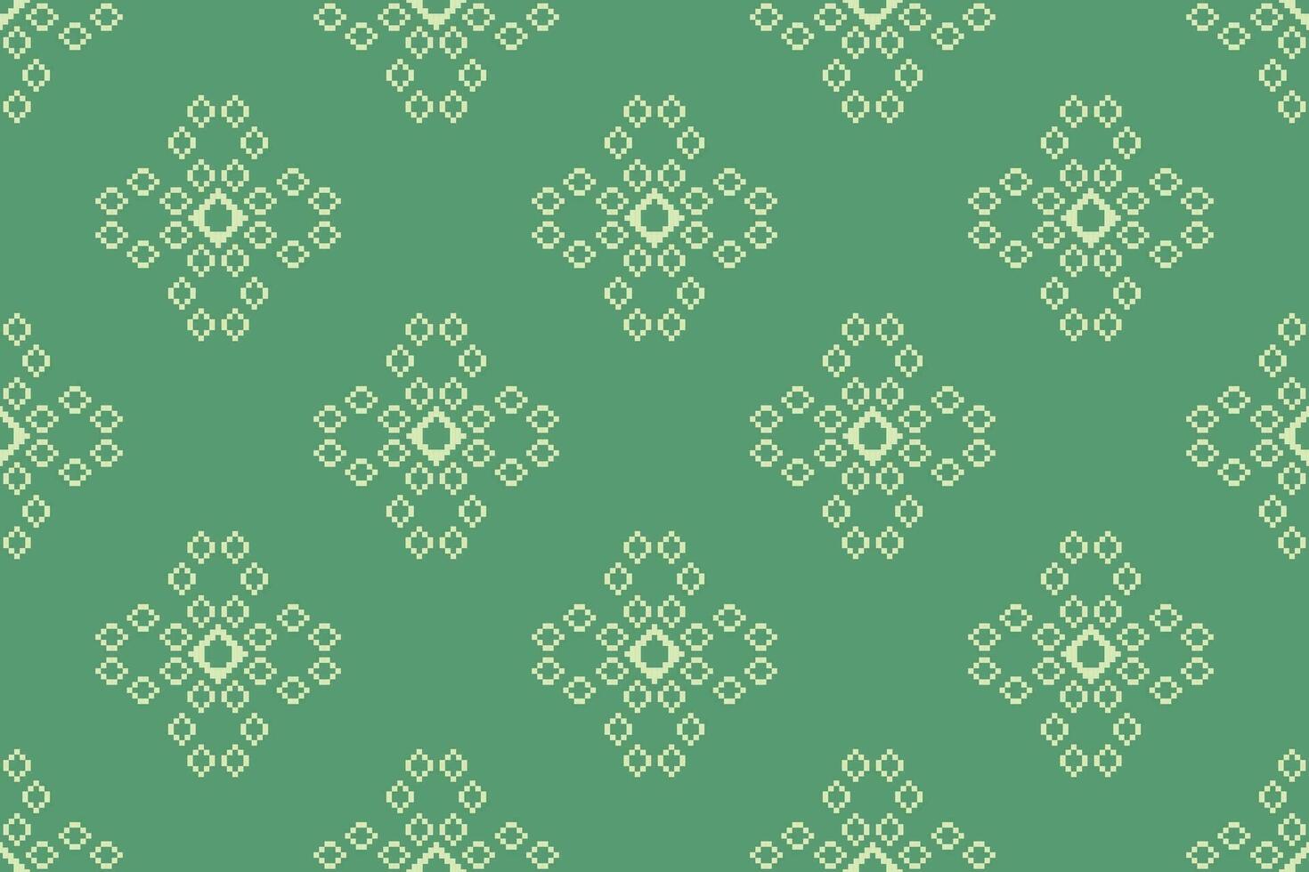 Ethnic geometric fabric pattern Cross Stitch.Ikat embroidery Ethnic oriental Pixel pattern four leaf clover green background. Abstract,vector,illustration. Texture,clothing,frame,motifs,wallpaper. vector
