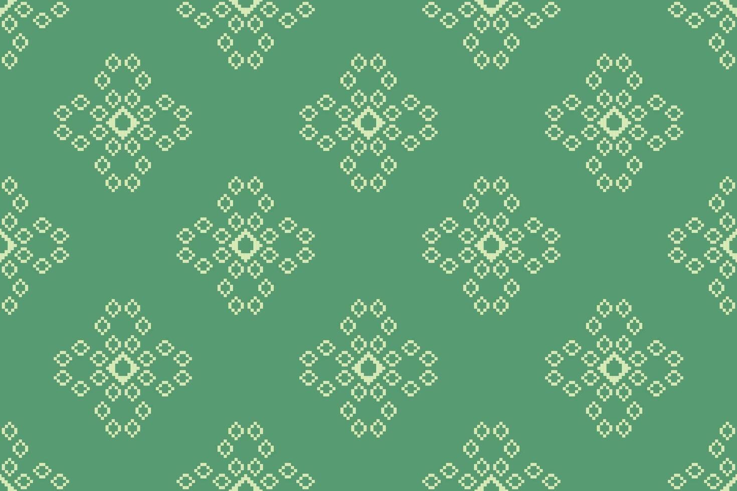 Ethnic geometric fabric pattern Cross Stitch.Ikat embroidery Ethnic oriental Pixel pattern four leaf clover green background. Abstract,vector,illustration. Texture,clothing,frame,motifs,wallpaper. vector