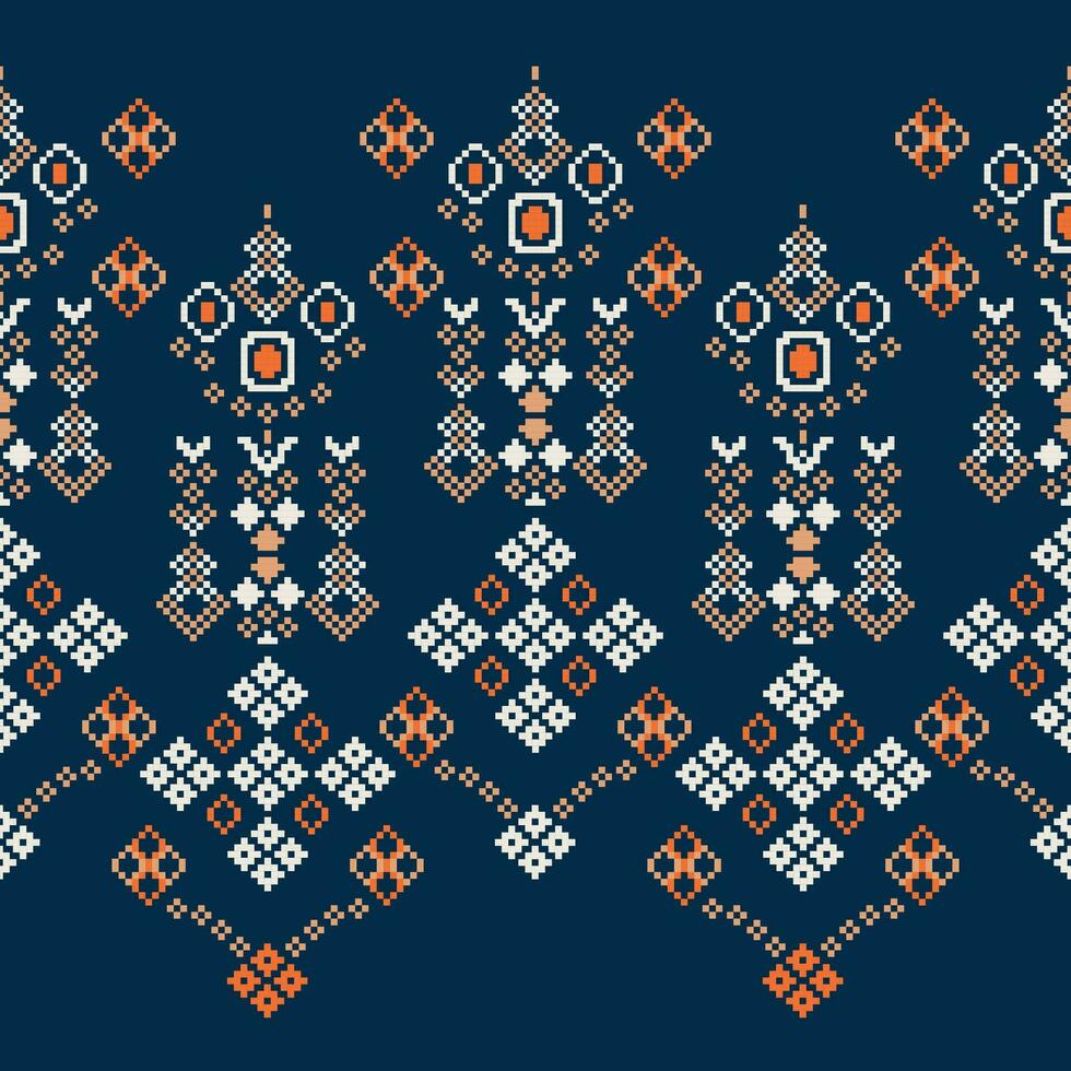 Ethnic geometric fabric pattern Cross Stitch.Ikat embroidery Ethnic oriental Pixel pattern navy blue background. Abstract,vector,illustration. Texture,clothing,frame,decoration,motifs,silk wallpaper. vector