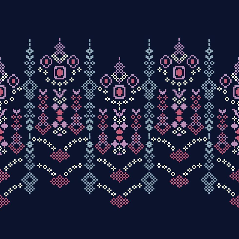 Ethnic geometric fabric pattern Cross Stitch.Ikat embroidery Ethnic oriental Pixel pattern navy blue background. Abstract,vector,illustration. Texture,clothing,frame,decoration,motifs,silk wallpaper. vector