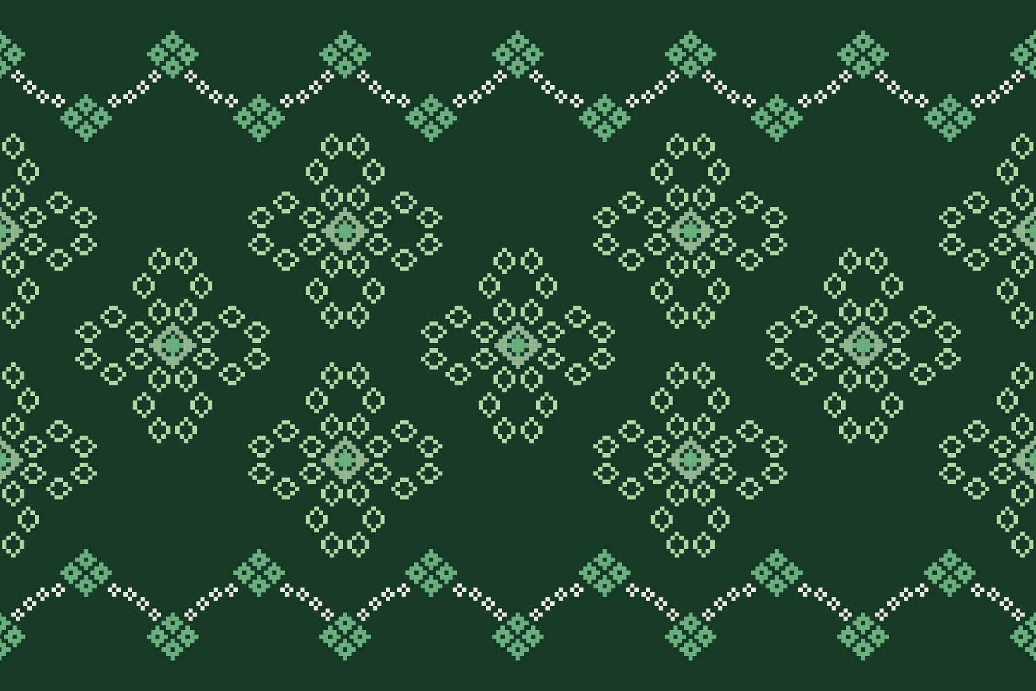 Ethnic geometric fabric pattern Cross Stitch.Ikat embroidery Ethnic oriental Pixel pattern four leaf clover green background. Abstract,vector,illustration. Texture,clothing,frame,motifs,wallpaper. vector