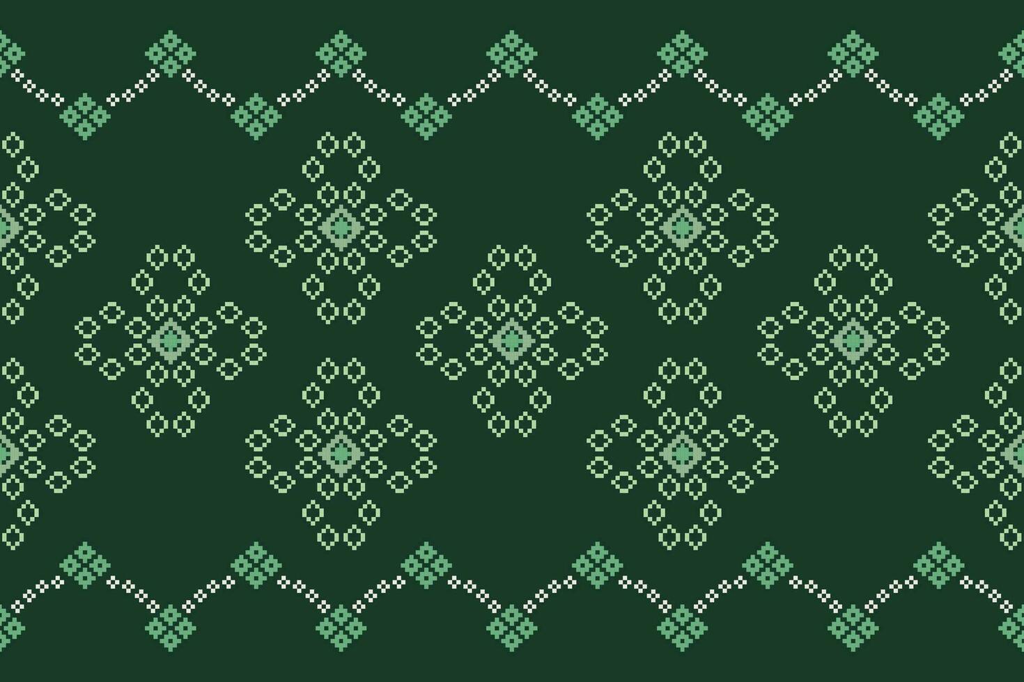 Ethnic geometric fabric pattern Cross Stitch.Ikat embroidery Ethnic oriental Pixel pattern four leaf clover green background. Abstract,vector,illustration. Texture,clothing,frame,motifs,wallpaper. vector