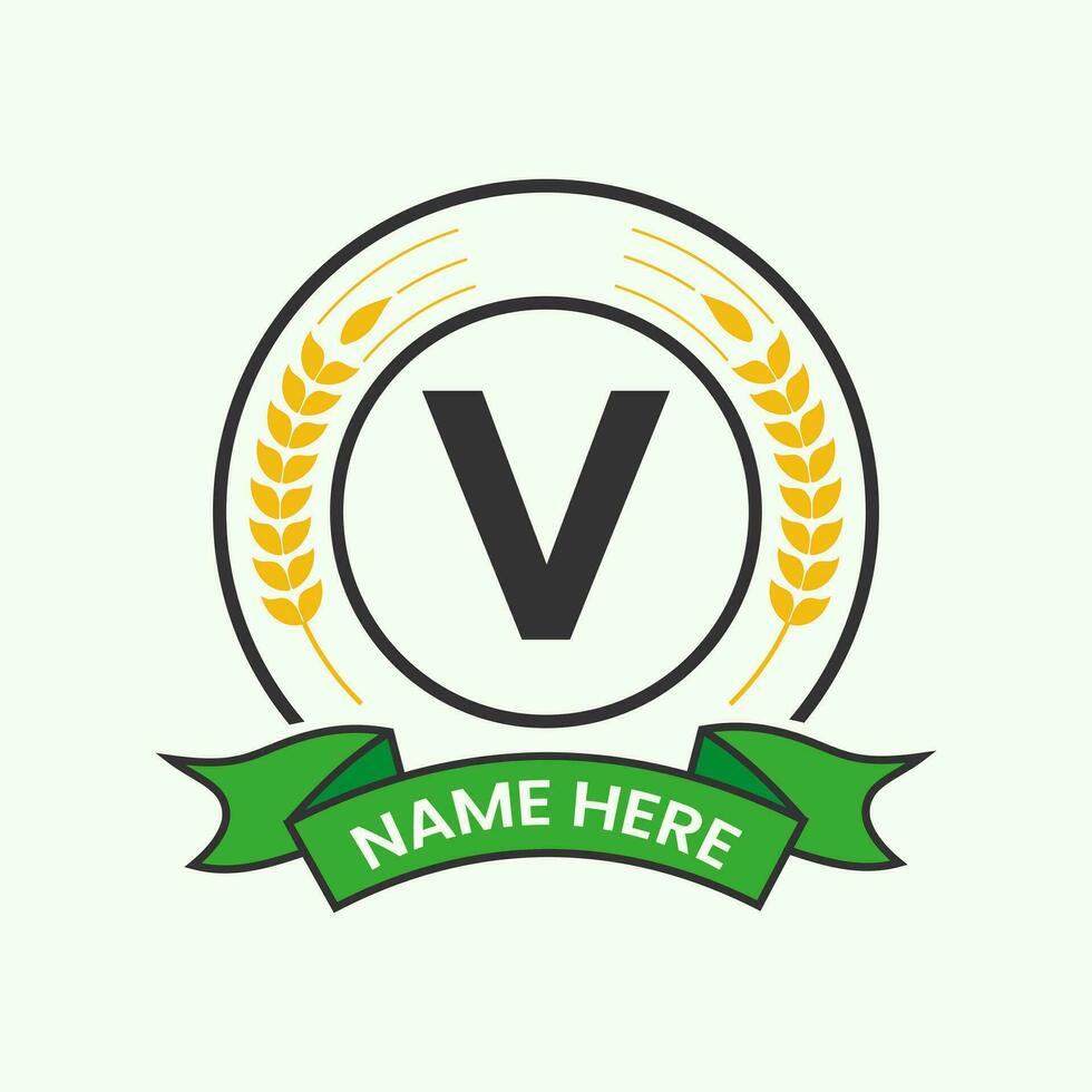 Agriculture Logo On Letter V Concept. Agro Farming Logotype for Bakery, Bread, Cake, Cafe, Pastry Identity vector