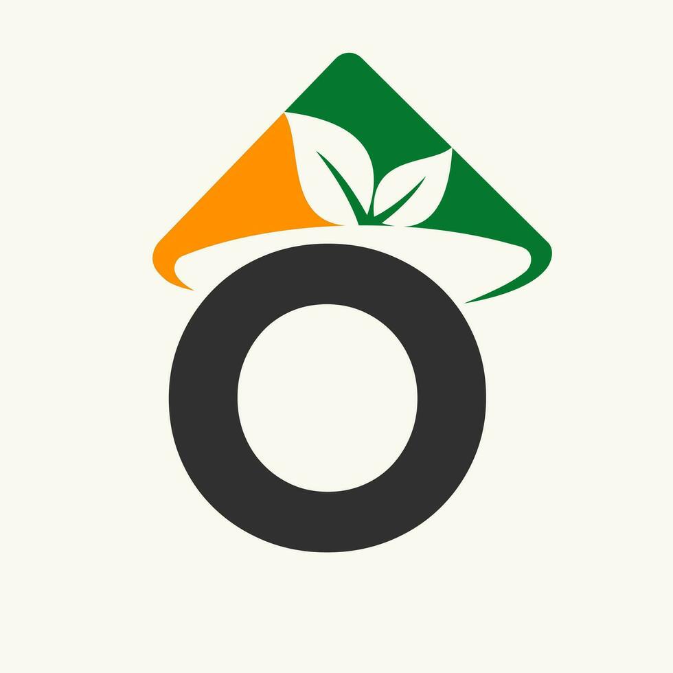 Agriculture Logo On Letter O Concept With Farmer Hat Icon. Farming Logotype Template vector